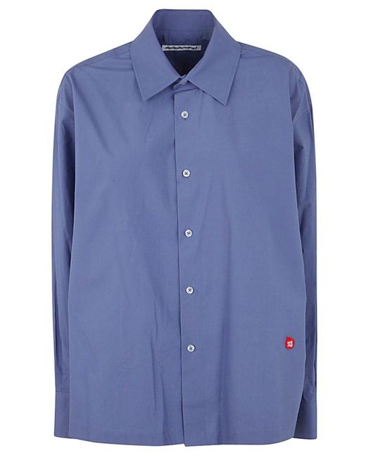 Alexander Wang Blue Button Up Long Sleeve Shirt With Apple Patch Logo