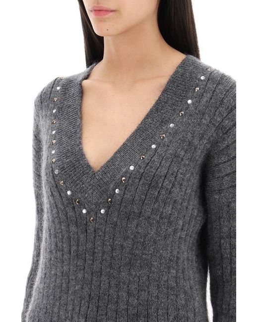 Alessandra Rich Gray Wool Knit Sweater With Studs And Crystals