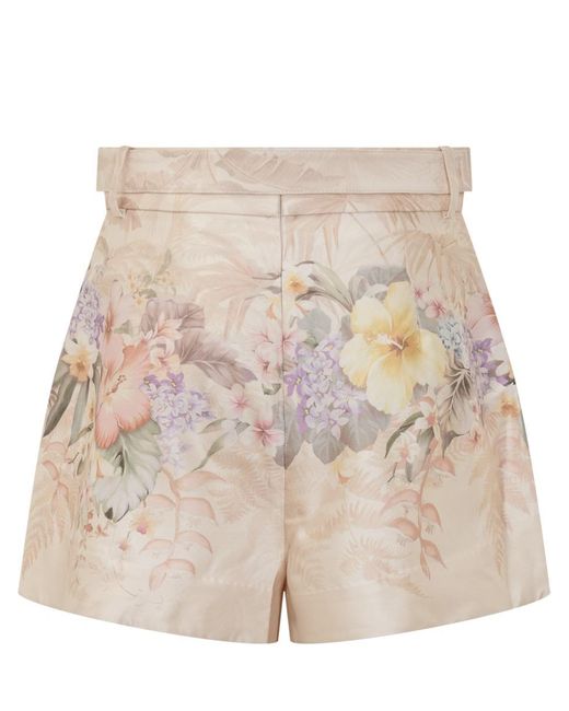 Zimmermann Natural 'Illuminate' Shorts With Adlustable Belt And All-Over Floral Print