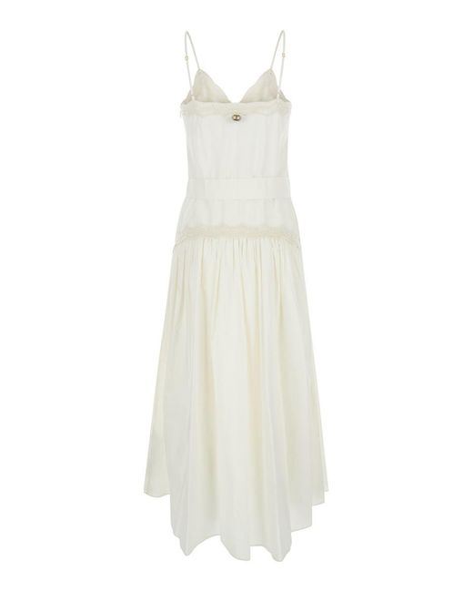 Twin Set White Long Cream Dress With Embroideries And Matching Belt