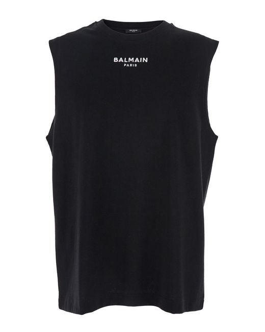 Balmain Black Crewneck Sleeveless Top With Logo Lettering Embroidery On The Front for men