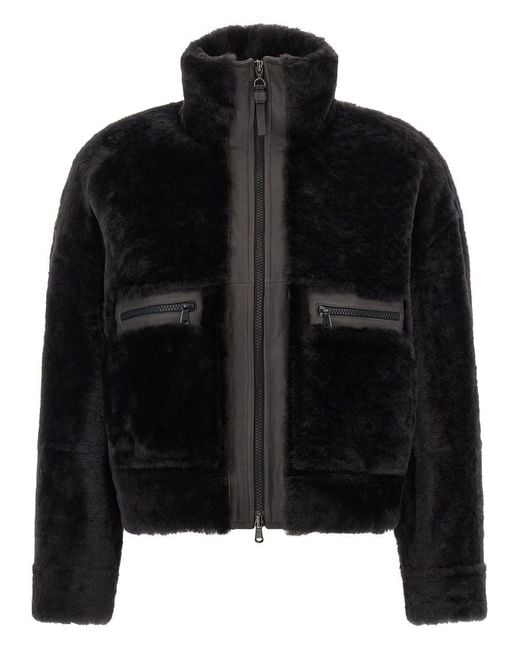 Brunello Cucinelli Black 'shiny Zipper Pull' Shearling Jacket