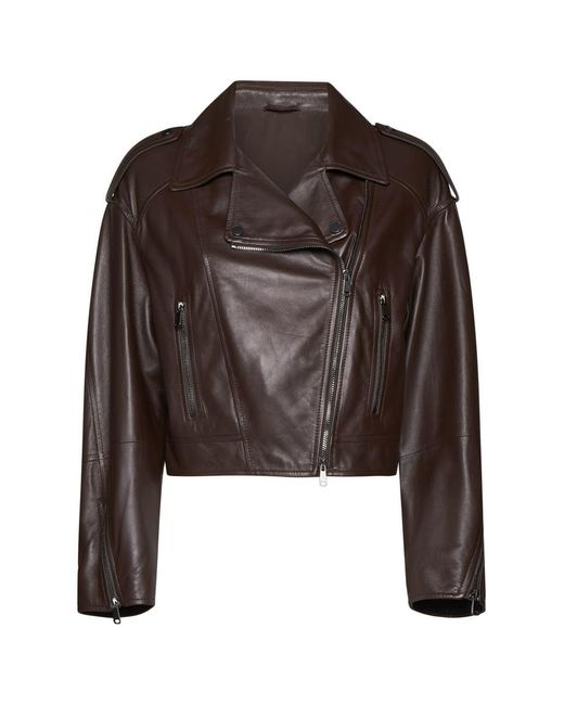 Brunello Cucinelli Brown Nappa Leather Biker Jacket