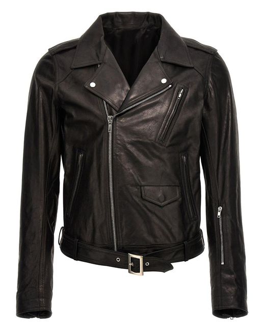 Rick Owens Black Leather Biker Jacket Casual Jackets, Parka for men