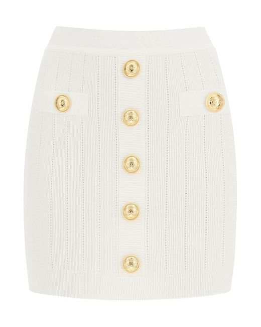 Balmain White Knit Mini Skirt With Embossed Buttons