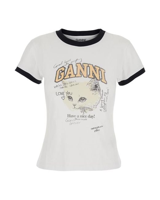 Ganni White Crewneck T-Shirt With Maxi Logo On The Front
