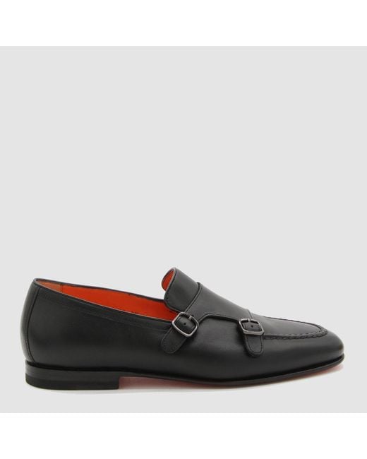 Santoni Black Leather Loafers for men