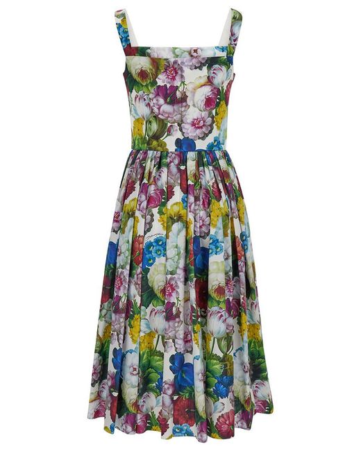 Dolce & Gabbana White Midi Multicolor Dress With All-over Floreal Print And Flared Skirt In Cotton Woman