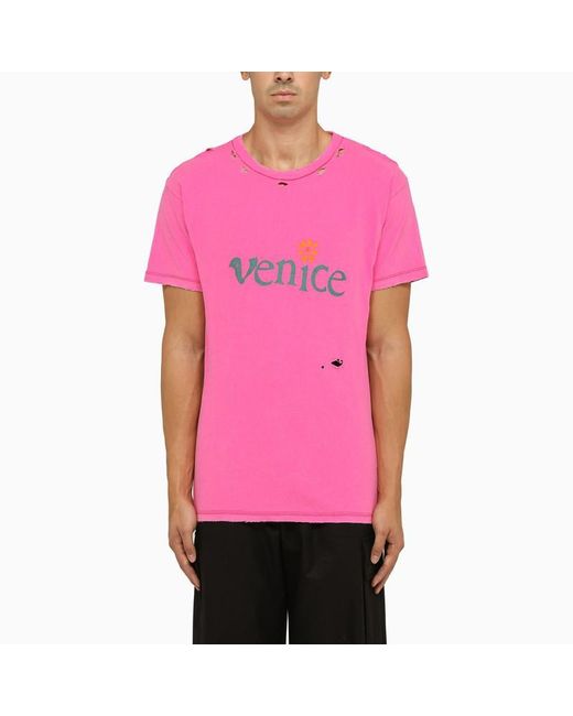 ERL Pink Crew Neck T Shirt With Wears for men