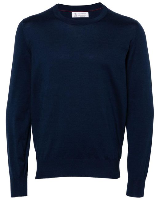 Brunello Cucinelli Blue Cotton Crew Neck Sweater for men