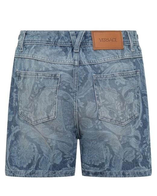 Versace Blue Jeans Shorts With Baroque Pattern Silhouette