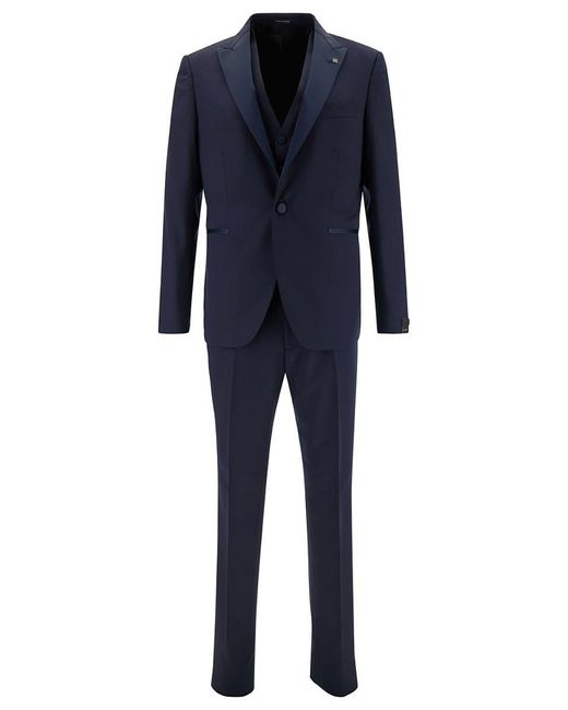 Tagliatore Blue Single-breasted Tuxedo With Vest In Wool Man for men