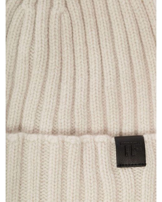 Tom Ford Natural Ribbed Beanie With Logo Patch for men