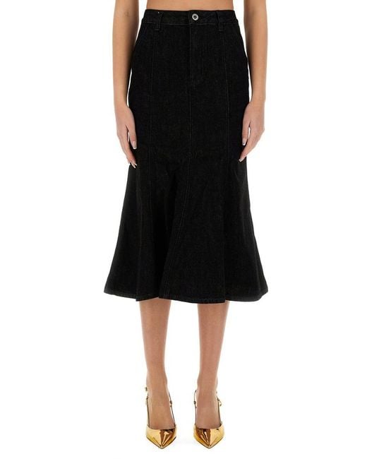Self-Portrait Black Denim Flared Midi Skirt