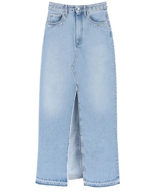 Alessandra Rich Blue Long Denim Skirt With Studs
