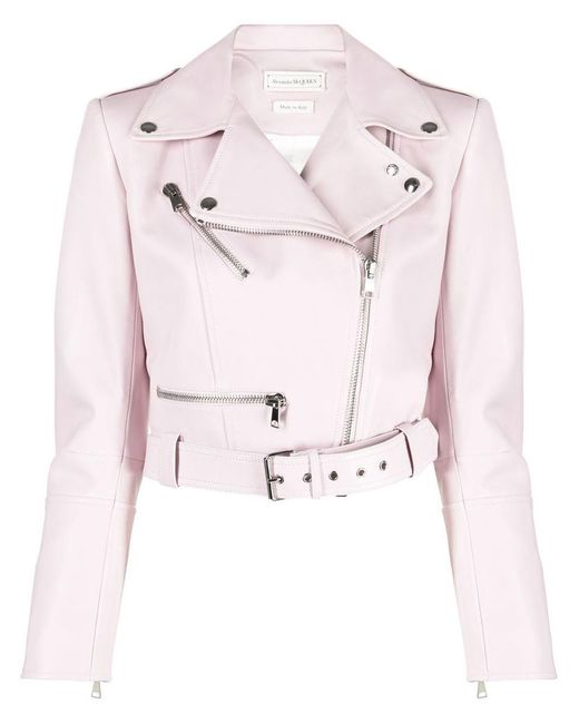 Alexander McQueen Cropped Leather Biker Jacket in Pink | Lyst