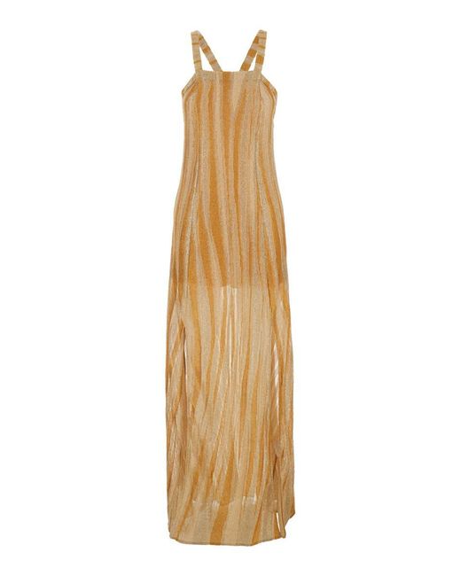 Forte Forte Metallic Long Sleeveless Dress With Square Neck And Criss-crossed Shoulder Straps On The Rear In Tech Fabric Woman