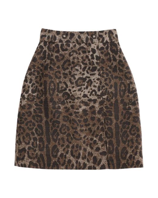 Dolce & Gabbana Brown Wool Jacquard Skirt With Leopard Motif
