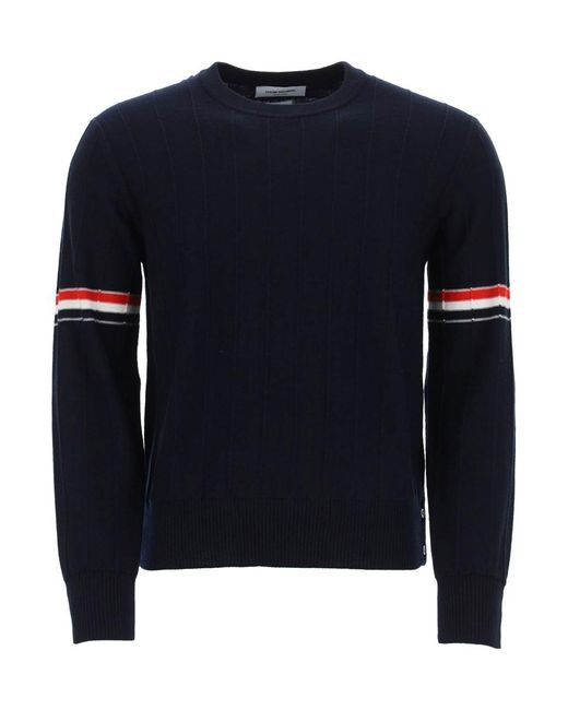 Thom Browne Blue Crew Neck Sweater With Tricolor Intarsia for men