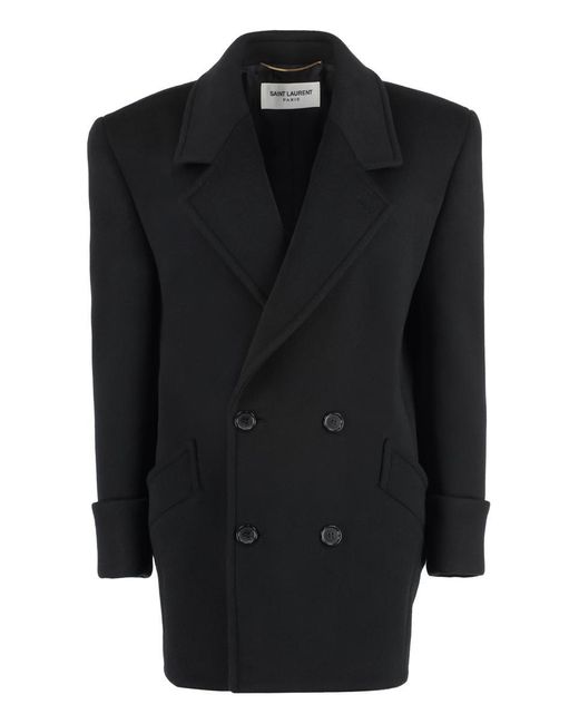 Saint Laurent Black Double-Breasted Wool Coat