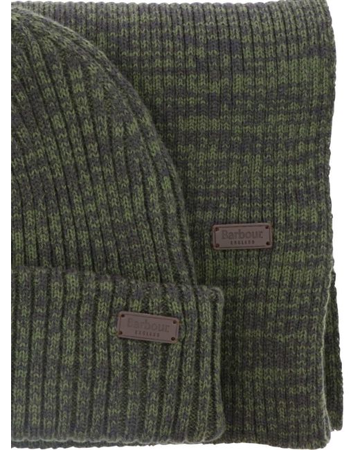 Barbour Green "crimdon" Scarf And Beanie Ribbed Set for men