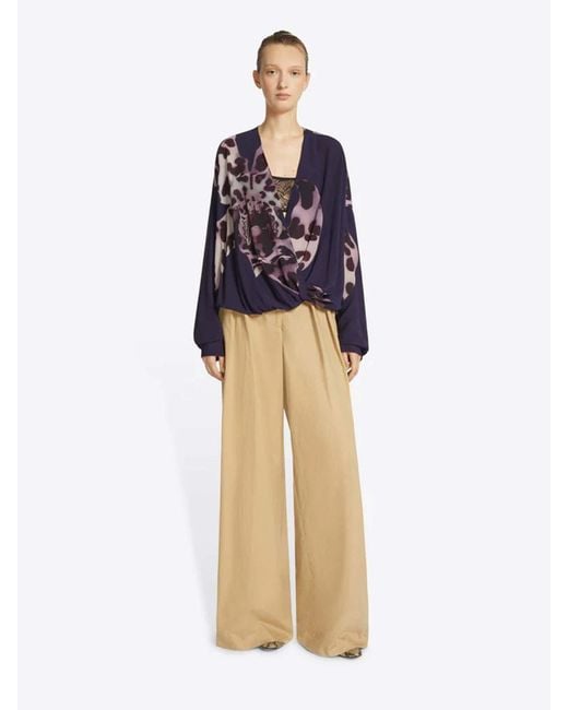 Dries Van Noten Blue Floral Draped Blouse