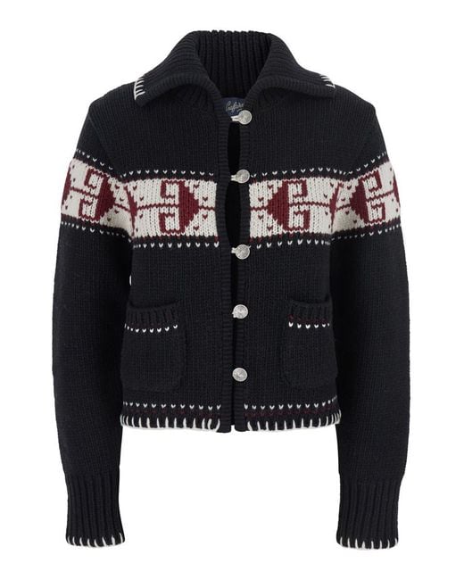 Seafarer Black Sweater With Spread Collar And Fair Isle Motif