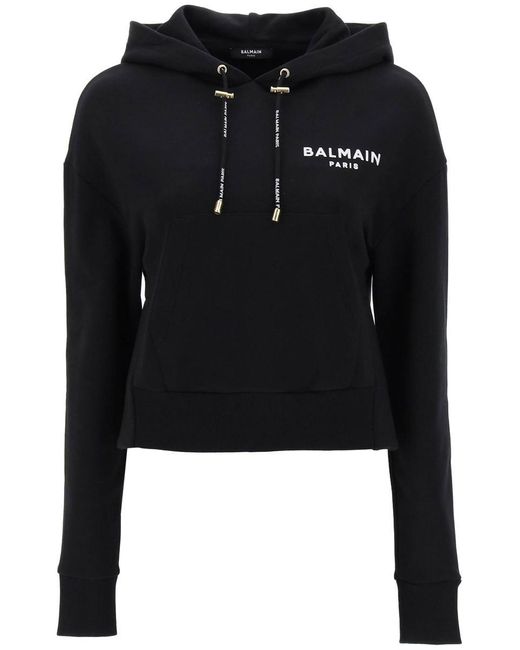 Balmain Black Cropped Sweatshirt With Flocked Logo Print