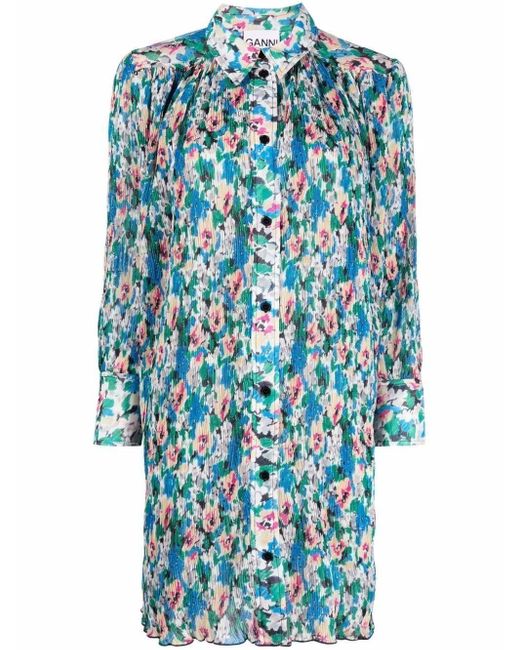 Ganni Floral-print V-neck Recycled-polyester Midi Dress In Azure Blue | ModeSens