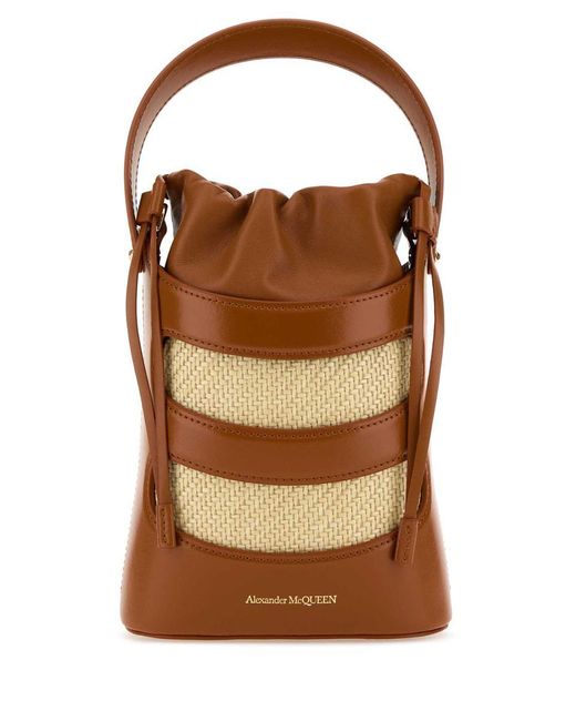 Alexander McQueen Brown Two-Tone Leather And Raffia Mini The Rise Bucket Bag
