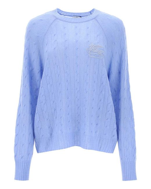 Etro Blue Cashmere Sweater With Pegasus Embroidery
