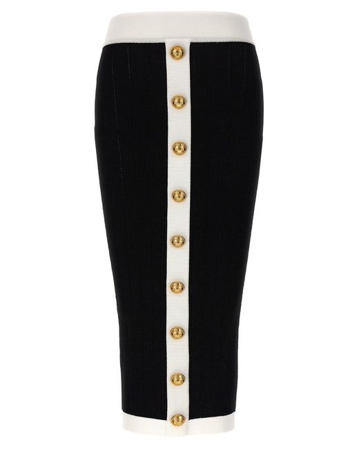 Balmain Black Button-embellished Ribbed-knit Midi Skirt