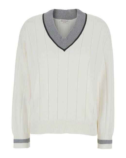 Brunello Cucinelli White T-Shirt With V Neck And Monil Detail On The Collar
