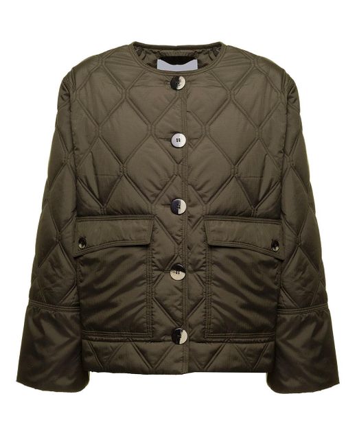 Ganni Army Green Ripstop Quilted Crop Jacket Woman | Lyst
