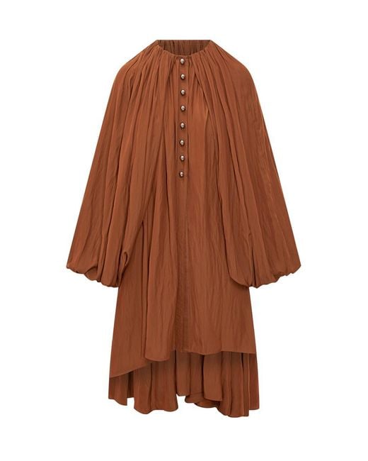 Lanvin Brown Pleated Voile Dress With Buttons By