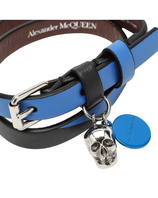 Alexander McQueen Blue Double Wrap Leather Bracelet for men