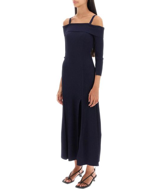 Ganni Blue Long Knitted Off-the-shoulder Dress