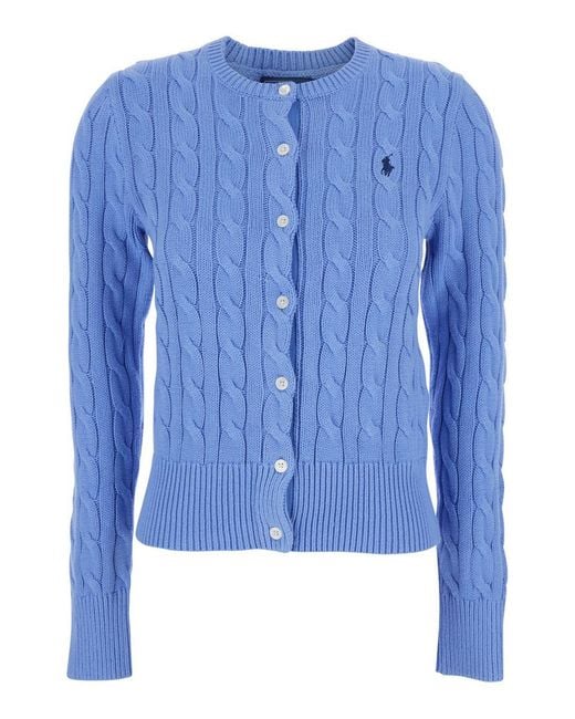 Polo Ralph Lauren Blue Crewneck Cable Knit Cardigan With Pony Embroidery On The Front