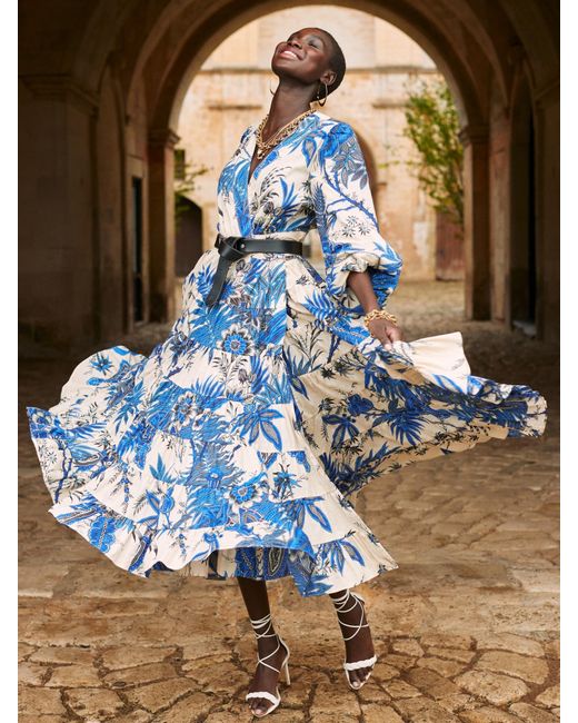 Banana Republic Cotton Tiered Midi Wrap Dress in Blue Floral (Blue) - Lyst