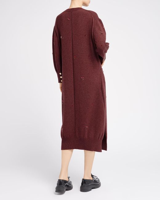 Barrie Red Iconic Long Dress In Cashmere With Floral Embroidery