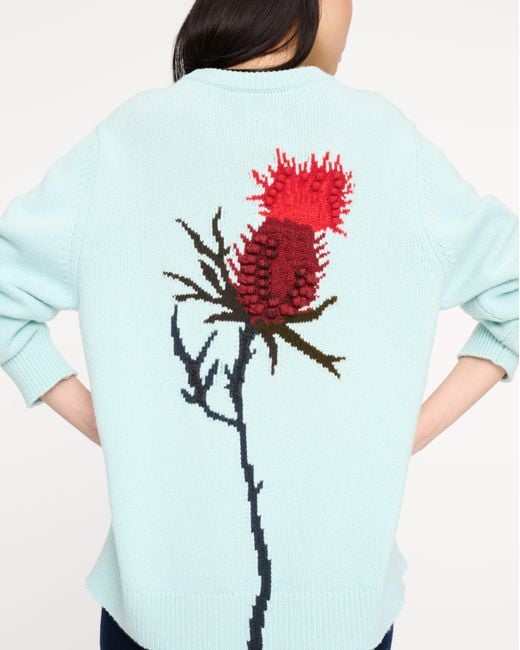 Barrie Blue Thistle Motif Cashmere Round-neck Sweater