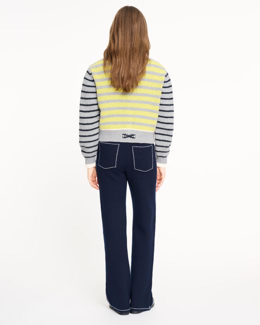 Barrie Blue Chunky Wool And Cashmere Cardigan With Contrasting Stripes