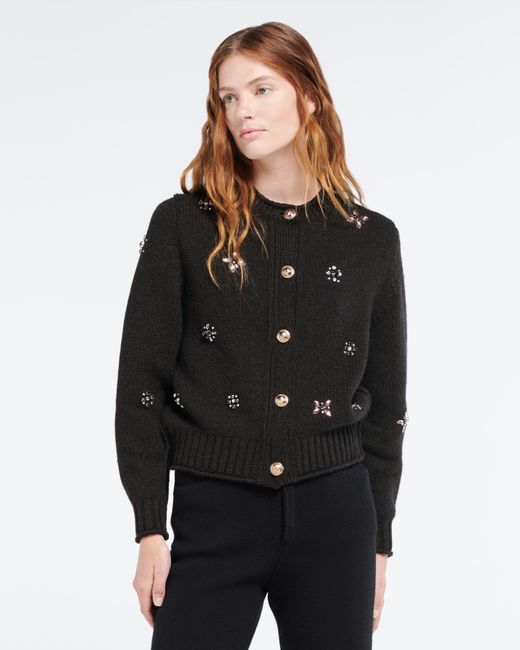 Barrie Black Chunky Cashmere Cardigan With Gold Buttons With Embroidery