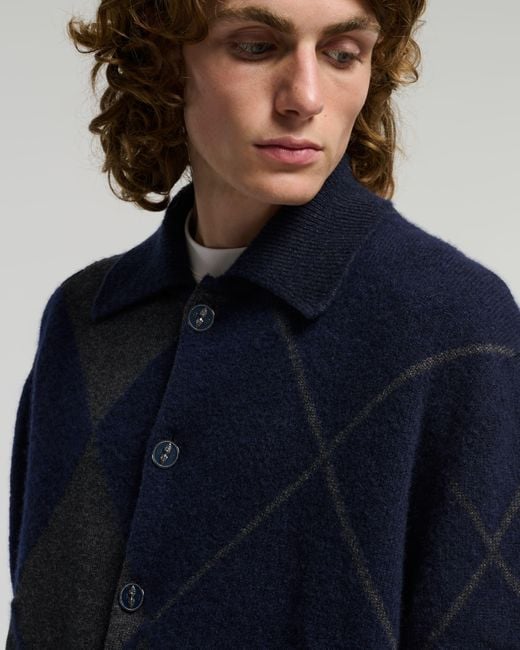 Barrie Blue Cashmere Cardigan With A Tartan Motif for men