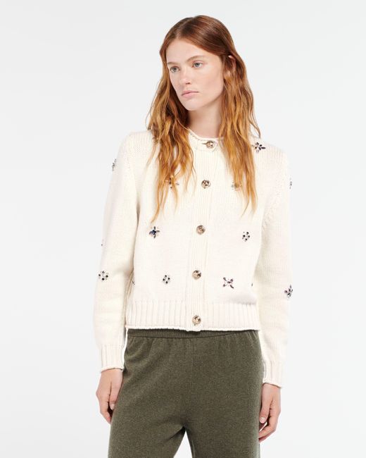 Barrie Natural Chunky Cashmere Cardigan With Gold Buttons With Embroidery