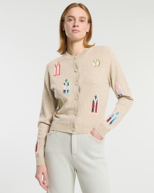 Barrie Natural Cashmere Cardigan With Landscape Motif