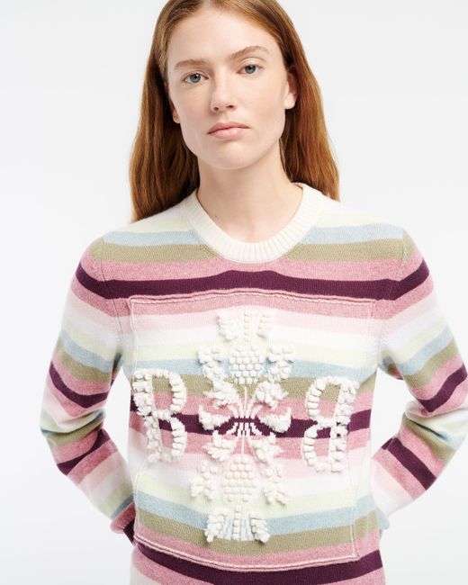 Barrie Pink Striped Cashmere 3d Logo Round-neck Jumper