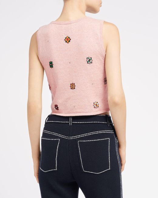 Barrie Pink Sleeveless Crop Top In Cashmere And Cotton With Floral Motif