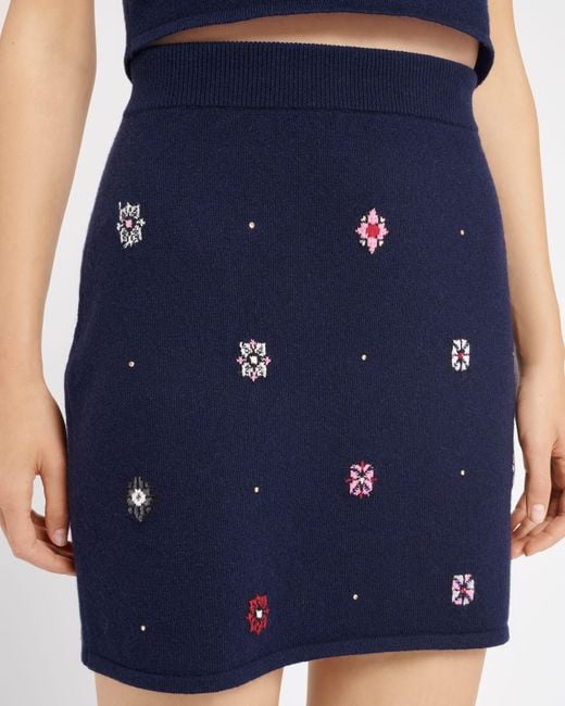 Barrie Blue Short Skirt In Cashmere And Cotton With Floral Motif