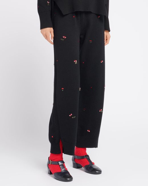 Barrie Black Iconic Trousers In Cashmere With Floral Embroidery